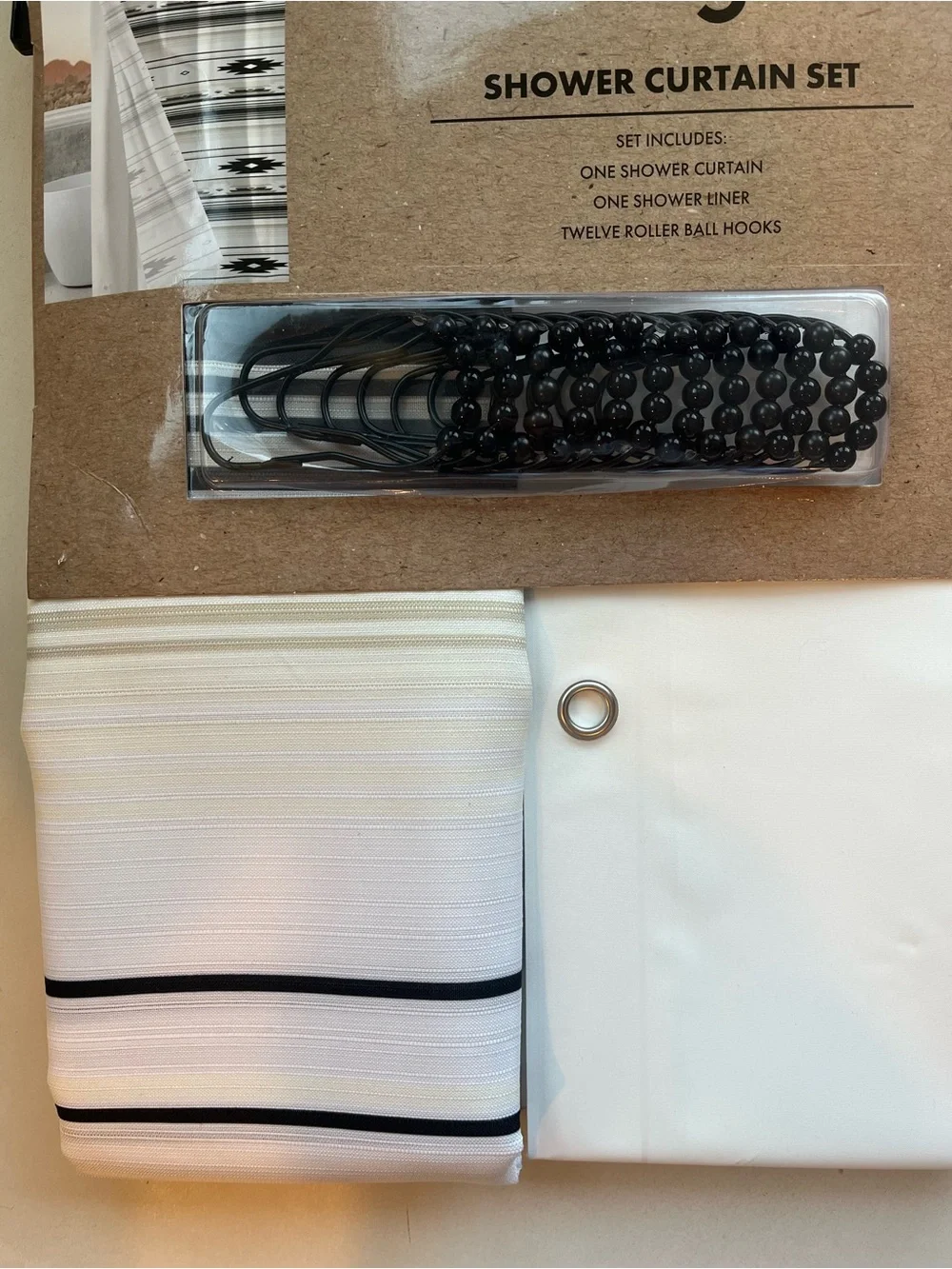 Wrangler White Shower Curtain Set with Black, Tan, Yellow Stripe Accents